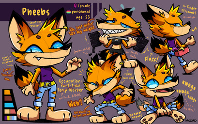 3_toes 4_fingers angry anthro belt belt_buckle blue_eyes bodily_fluids bottomwear bra buckle choker clothing color_swatch countershade_face countershade_fur countershade_torso countershading crouching dialogue dipstick_ears dipstick_tail ear_markings ear_piercing ear_ring exercise eyelashes fangs feet female female_symbol fingers freckles frown fur gender_symbol gesture gloves_(marking) humor jewelry leg_markings lgbt_pride looking_at_viewer markings motion_lines multicolored_ears musical_symbol neckband necklace neckwear orange_body orange_fur pansexual_pride_colors pants paper_mache pawpads paws piercing pose pride_colors purse ring_piercing shirt shorts sitting smile socks_(marking) solo sports_bra sportswear standing stated_age stated_sexuality sweat symbol tail tail_markings tail_motion tailwag tan_body tan_fur teeth text toes topwear underwear walking waving weightlifting weights workout yellow_body yellow_fur conditional_dnp kazoko_(artist) pheebs_(kazoko) canid canine fox mammal hi_res model_sheet multiple_images