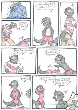 anthro black_body black_fur black_hair blue_clothing blue_eyes blue_hoodie blue_topwear blush bottomwear breasts clothed clothing dialogue duo female fur gender_transformation hair hoodie human_to_anthro inside male one-piece_swimsuit pants pattern_clothing pattern_shirt pattern_topwear plushie red_clothing semi-anthro shirt shrinking simple_background size_transformation small_breasts species_transformation speech_bubble standing striped_clothing striped_shirt striped_topwear stripes swimming_trunks swimwear tan_bottomwear tan_clothing tan_pants text topwear transformation wide_crotch rainbowraven mammal mustelid otter 2013 colored_pencil_(artwork) comic english_text hi_res traditional_media_(artwork)