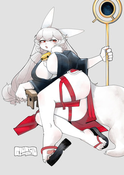 anthro asian_clothing bell big_breasts big_butt blush blush_lines breasts butt chest_tuft clothing east_asian_clothing feet female fluffy fluffy_tail footwear fur geta grey_background hair inner_boob japanese_clothing kemono kimono long_hair lying on_side pawpads pink_pawpads red_eyes simple_background solo staff tail tuft white_body white_fur white_hair nikumura_q giant_ojou-sama sumire_(giant_ojou-sama) lagomorph leporid mammal rabbit servant_(giant_ojou-sama) hi_res