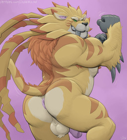 anthro anus balls biceps genitals humanoid_genitalia humanoid_penis looking_at_viewer male mane nipples nude penis solo dudebulge bandai_namco digimon digimon_(species) saberleomon absurd_res hi_res