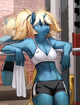 5_fingers abs anthro biped blonde_hair blue_body blue_eyes blue_fur blush bottomwear breasts clothed clothed_anthro clothed_female clothing cutie_mark female female_anthro fingers freckles front_view fully_clothed fully_clothed_anthro fully_clothed_female fur hair horn mirror navel open_mouth ponytail solo standing tail topwear yellow_tail spuydjeks hasbro my_little_pony mythology nike equid equine mammal mythological_creature mythological_equine unicorn 2025 digital_media_(artwork) hi_res