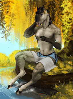 anthro black_body black_fur black_hair blue_eyes bottomwear clothed clothing detailed_background fur grass grey_body grey_fur hair hand_on_head hooves looking_at_viewer male male_anthro mane markings nipples outside plant shorts shorts_only sitting solo spots spotted_body spotted_fur tail topless topless_anthro topless_male tree water white_body white_fur i-psilone shadowquine equid equine horse mammal 2021 hi_res