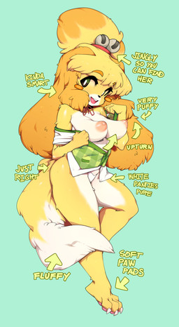 anthro areola blonde_hair blush blush_stickers clothing dialogue female floppy_ears fluffy fluffy_tail fur hair long_hair looking_at_viewer panties pointy_breasts shirt solo tail text topwear unbuttoning underwear undressing yellow_body yellow_fur slugbox animal_crossing nintendo isabelle_(animal_crossing) canid canine canis domestic_dog mammal shih_tzu toy_dog absurd_res english_text hi_res