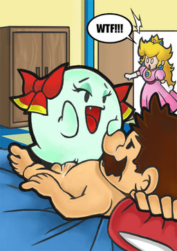 5_fingers 5_toes accessory balls bed black_eyes black_text blonde_hair blue_bedding blue_ear_ring bodily_fluids bow_ribbon brown_facial_hair brown_hair brown_mustache caught_in_the_act checkered checkered_floor clitoris clothed clothed_female clothed_human clothing cowgirl_position crown cum cum_from_vagina cum_in_vagina cum_inside cum_on_own_penis cum_on_penis cum_on_self cumshot door dress duo_focus ejaculation erection eyelashes eyeshadow facial_hair feet female female_human female_on_human female_on_top female_penetrated fingers from_front_position furniture genital_fluids genitals ghost_tail gloves green_body green_clitoris green_eyeshadow green_vulva group hair hair_accessory hair_bow hair_ribbon half-closed_eyes hand_behind_head hand_behind_own_head hand_on_nose handwear headgear human_on_bottom human_penetrating_female humanoid_face humanoid_feet humanoid_genitalia humanoid_penis humanoid_vulva inside interspecies larger_human larger_male looking_at_another looking_pleasured lying makeup male male/female male_human male_on_bottom male_penetrating male_penetrating_female mustache narrowed_eyes nose_grab not_furry nude_human nude_male on_back on_bed on_bottom on_top one_fang open_door open_mouth open_smile orgasm penetration penile penile_penetration penis penis_in_vagina pink_clothing pink_dress plantigrade princess red_hair_bow red_tongue ribbons round_nose royalty sex size_difference smaller_penetrated smile speech_bubble spread_legs spreading straddling surprised tan_balls tan_body tan_ears tan_nose tan_penis tan_skin text toes tongue toony twin_bows twin_hair_bows vaginal vaginal_penetration vulva walk-in white_clothing white_gloves white_handwear white_speech_bubble bittenhard mario_bros nintendo paper_mario lady_bow mario princess_peach boo_(mario) ghost human mammal sphere_creature spirit undead
