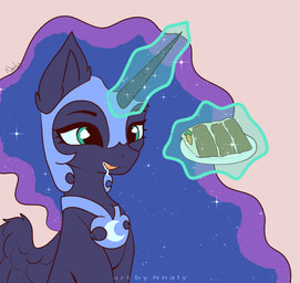 1_horn blue_hair blue_sclera bodily_fluids cake closed_smile dessert drooling eyelashes feathered_wings feathers female female_feral feral food glowing glowing_horn hair highlights_(coloring) horn levitation magic mouth_closed purple_body purple_highlights purple_horn purple_wings quadruped saliva smile solo sparkles sparkling_hair spiral_horn teal_eyes tongue tongue_out wings nnalyart friendship_is_magic hasbro my_little_pony mythology nightmare_moon_(mlp) equid equine mammal mythological_creature mythological_equine winged_unicorn 2d_animation animated digital_drawing_(artwork) digital_media_(artwork) flat_colors hi_res paintstorm_(artwork)