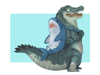 ambiguous_gender anthro backpack clothing green_body green_scales male open_mouth pupils scales simple_background slit_pupils solo standing nisimawari crocodile crocodilian reptile scalie 2020 4:3 digital_media_(artwork)