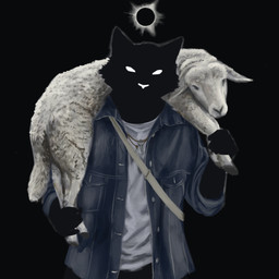 ambiguous_gender anthro black_background black_body clothing denim denim_clothing denim_jacket denim_topwear duo eclipse feral fur holding_another jacket jewelry key key_necklace necklace shirt simple_background t-shirt topwear white_body white_clothing white_fur white_shirt white_t-shirt white_topwear avianvevo bovid caprine mammal shadow_creature sheep 1:1 half-length_portrait hi_res portrait