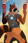 anthro blaster_pistol brown_body brown_fur clothed clothing fur male red_eyes simple_background smoke solo tail weapon sylo guardians_of_the_galaxy marvel rocket_raccoon mammal procyonid raccoon 2023 2:3 absurd_res digital_media_(artwork) hi_res