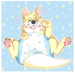 anthro big_diaper biped blep blue_background blush border butt clean_diaper clothed clothing diaper eyes_closed feet front_view fur happy heart_symbol hindpaw male multicolored_body multicolored_fur pattern_background pawpads paws simple_background sitting solo tongue tongue_out two_tone_body two_tone_fur wearing_diaper white_body white_border white_fur yellow_body yellow_fur jupiters fang29_(character) canid canine hybrid kangaroo macropod mammal marsupial 2022 hi_res