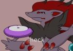 ambiguous_gender anthro eyes_closed frisbee frown humor parody simple_background solo text godzukigooch nintendo pokemon canid generation_5_pokemon mammal pokemon_(species) zoroark 2019 absurd_res hi_res image_macro lol_comments meme