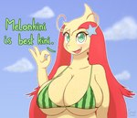 4_fingers anthro anthrofied big_breasts bikini bikini_top blush breasts cleavage clothed clothing cloud dialogue eyelashes fangs female fingers freckled_breasts freckles gesture green_eyes hair hand_gesture huge_breasts long_hair looking_at_viewer ok_sign open_mouth open_smile outside print_bikini print_clothing print_swimwear red_hair skimpy sky smile solo swimwear teeth text tongue two-piece_swimsuit watermelon_bikini watermelon_pattern watermelon_print yellow_body snackbunnii nintendo pokemon mila_(snackbunnii) generation_3_pokemon milotic pokemon_(species) 2021 absurd_res english_text half-length_portrait hi_res portrait