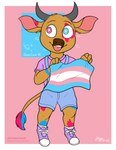 anthro clothed clothing flag flag_(object) footwear holding_flag holding_object lgbt_pride looking_at_viewer pride_color_flag pride_colors shoes sneakers solo tongue tongue_out transgender_pride_colors young young_anthro sleepycause bovid bovine mammal absurd_res hi_res