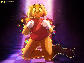 clothing detailed_background gloves handwear looking_down male open_mouth pawpads paws shaded_background shirt solo surprised t-shirt topwear yellow_body yellow_eyes conditional_dnp sadcat16hrz exalted glitch_productions the_amazing_digital_circus scratch_(tadc) abstraction_(tadc) canid canine canis domestic_dog mammal 4:3 hi_res painting_(artwork) shaded