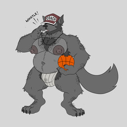 anthro arm_hair armpit_hair belly big_belly black_body black_fur black_hair black_nose body_hair bulge chest_hair clothing coach fur hair hat headgear headwear jockstrap leg_hair male mature_male musclegut muscular nipples solo underwear tenderule34 canid canine canis mammal wolf hi_res