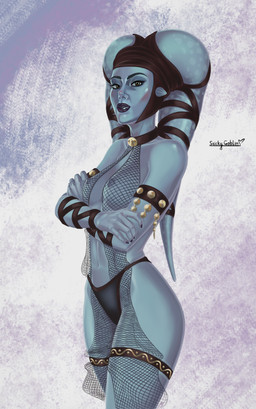 areola armlet blue_body blue_skin breasts brown_eyes choker clothing crossed_arms eyebrows eyelashes female fishnet_clothing jewelry lekku_(anatomy) necklace nipples not_furry panties solo thighlet underwear sticky_goblin star_wars aayla_secura alien alien_humanoid humanoid twi'lek absurd_res hi_res