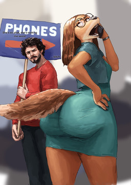 5_fingers anthro anthro_focus big_butt bottomwear brown_eyes brown_hair butt cellphone claws clock clothed clothing cropped_jacket curly_hair dialogue dress duo electronics eyewear female female_focus finger_claws fingers fur glasses hair hand_on_hip holding_cellphone holding_object holding_phone holding_sign holding_smartphone huge_butt jacket male on_phone open_clothing open_jacket open_mouth open_topwear pants phone round_glasses short_hair sign smartphone standing sweater tail tan_body tan_fur text thick_thighs topwear watch wide_hips redustheriotact flight_of_the_conchords illumination_entertainment sing_(movie) bret_mckenzie suki_lane bear canid canine canis domestic_dog human hunting_dog mammal saluki sighthound 2025 english_text hi_res