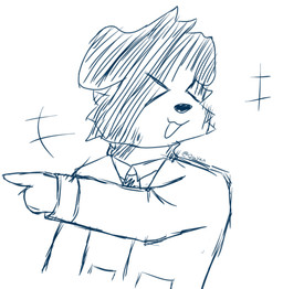 anthro biped clothed clothing collared_shirt eyes_closed fully_clothed gesture hand_gesture jacket laugh male necktie open_mouth pointing shirt solo text topwear qiuyanrtc canid canine mammal artist_name blue_and_white digital_drawing_(artwork) digital_media_(artwork) half-length_portrait monochrome portrait sketch