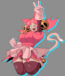 animal_ears big_breasts bottomwear breasts cat_tail clothing dress fangs female gesture gloves grey_background hair hair_bell hand_gesture handwear happy jewelry jumping legwear light_body necklace one_eye_closed pink_clothing pink_dress pink_hair simple_background skirt solo stockings teeth thick_thighs v_sign wink aaaaaron122 deltarune undertale undertale_(series) mad_mew_mew animal_humanoid cat_humanoid felid felid_humanoid feline feline_humanoid humanoid mammal mammal_humanoid absurd_res hi_res