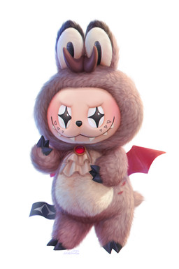 ambiguous_gender black_hooves black_nose brown_body brown_fur front_view fur glistening glistening_eyes hooves looking_at_viewer membrane_(anatomy) membranous_wings mouth_closed nude plushie red_wings simple_background solo standing star_pupils teeth white_background white_body white_fur wings lostgoose animate_inanimate humanoid labubu living_plushie 2025 2:3 dated full-length_portrait hi_res portrait signature female_(lore)