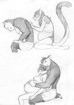 anthro back_scratching belly belly_rub big_belly bite biting_lip clothed clothing duo eyewear facial_scar female fur glasses hair kneeling male male/female mottled muscular piebald pregnant scar scratching shirt sitting topless topwear underwear thealtoid calico_cat domestic_cat felid feline felis mammal tuxedo_cat 2011 greyscale monochrome sequence traditional_media_(artwork)