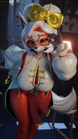anthro big_breasts blush breasts clothed clothing eyewear female fur glasses gloves hair handwear inside red_eyes solo standing tail thick_thighs white_body white_fur white_hair wide_hips stinkicatz mayosplash_(modeler) nintendo the_legend_of_zelda purah canid canine canis domestic_dog mammal 3d_(artwork) 4k 9:16 absurd_res digital_media_(artwork) hi_res