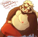 anthro belly big_belly bottomwear clothing erection genitals kemono male moobs nipples overweight overweight_male penis shorts sitting solo text ezvany2 lifewonders tokyo_afterschool_summoners goemon_(tas) canid canine mammal raccoon_dog tanuki 2024 english_text hi_res