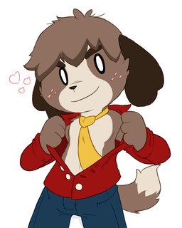 anthro clothed clothing freckles heart_symbol looking_at_viewer male necktie open_clothing open_shirt open_topwear shirt simple_background smile solo standing topwear undressing white_background oob animal_crossing nintendo digby_(animal_crossing) canid canine canis domestic_dog mammal shih_tzu toy_dog 2015 4:5