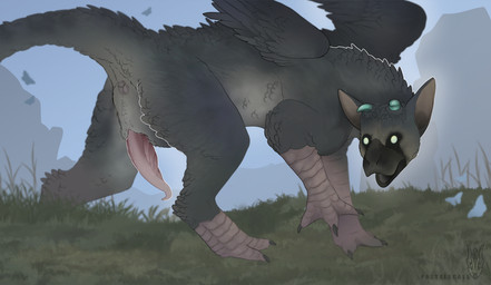 animal_genitalia anus black_claws blue_horn claws erection feathered_wings feathers feral fur genital_slit genitals grass grey_body grey_fur horn male penis pink_penis plant solo wings pastelscale the_last_guardian trico_(the_last_guardian) trico_(species) hi_res