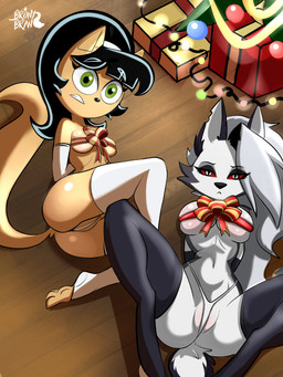 anthro armwear biped black_hair blush box breast_squish breasts butt christmas_decorations christmas_lights christmas_tree clothed clothing container digitigrade duo elbow_gloves feet female footwear frown genitals gift_box gift_wrapped gloves green_eyes grimace hair handwear holidays legwear looking_at_viewer on_ground plant plantigrade red_sclera skimpy small_waist squish tan_body thigh_highs thong toeless_footwear tree underwear vulva white_body white_hair wide_hips bronybran christmas hellaverse helluva_boss mythology nickelodeon t.u.f.f._puppy kitty_katswell loona_(helluva_boss) canid canid_demon canine demon domestic_cat felid feline felis hellhound mammal mythological_canine mythological_creature 2025 colored crossover hi_res shaded signature