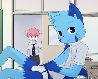 anthro blue_body blue_eyes blue_fur blue_seam_underwear briefs bulge caught_in_the_act classroom clothed clothing colored_seam_underwear detailed_bulge duo erection erection_under_clothing fur genital_outline looking_at_viewer male open_clothing open_shirt open_topwear penis_outline pink_body pink_fur public pupils red_pupils school school_uniform shirt shota topwear underwear uniform white_briefs white_clothing white_underwear young young_anthro young_male hazumazu haziq_(hazumazu) naz_namaki_(cynxie) domestic_cat felid feline felis mammal hi_res