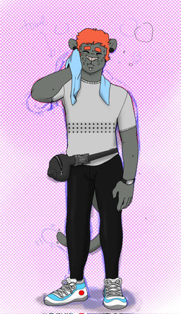 anthro black_body black_bottomwear black_clothing black_fur black_pants bodily_fluids bottomwear claws clock clothing ear_piercing eyebrows eyes_closed facial_piercing fanny_pack finger_claws flesh_tunnel footwear fur gauged_ear grey_clothing grey_shirt grey_topwear hair labret_piercing lip_piercing long_tail male pants piercing red_hair shirt shoes simple_background sneakers solo sweat tail topwear towel watch whisker_spots p_rindustries gale_(p_rindustries) felid mammal pantherine 2022 guide_lines hi_res