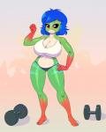 anthro barbell big_breasts biped blue_body blue_hair blue_skin breasts cleavage clothed clothing feet female green_body green_skin hair hindpaw looking_at_viewer navel non-mammal_breasts paws red_body red_eyes red_skin short_hair smile solo standing stripes underwear nitro amphibian frog red-eyed_treefrog tree_frog 2014 4:5