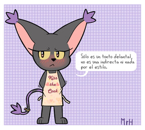 anthro apron apron_only black_body black_fur blush border clothed clothing dialogue eyelashes female fur kiss_the_cook simple_background solo tail text tsundere white_border mr_harinezumi bandai_namco digimon nera_(el_senor_erizo) blackgatomon digimon_(species) felid feline mammal hi_res spanish_text translated