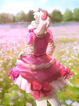 2_horns anthro clothed clothed_anthro clothing dress eyes_closed eyewear floppy_ears flower flower_field fully_clothed fully_clothed_anthro fur glasses green_eyewear green_glasses horn lop_ears outside pink_clothing pink_dress pink_horn plant round_glasses solo white_body white_fur kai_dfox deltarune undertale_(series) ralsei bovid caprine goat mammal 2026 hi_res portrait three-quarter_portrait