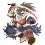 anthro eyebrows fur grey_body grey_fur hair hair_over_eye katana long_hair male melee_weapon musclegut muscular ponytail samurai scar solo sword thick_eyebrows warrior weapon ren_izayoi lifewonders tokyo_afterschool_summoners shino_(tas) canid canine canis domestic_dog mammal 1:1 low_res