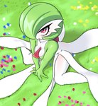 anthro blush body_blush female flower grass looking_at_viewer meadow outside plant sitting sitting_on_grass sitting_on_ground solo spread_legs spreading noconcession nintendo pokemon gardevoir generation_3_pokemon pokemon_(species) absurd_res hi_res