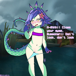 accident accidental_exposure anthro blush body_blush female flashing flashing_pussy genitals humiliation innocence loli looking_down nipple_slip scales solo text vulva vulva_blush young young_anthro young_female umy_gatita league_of_legends riot_games tencent neeko_(lol) chameleon lizard reptile scalie 1:1 absurd_res english_text hi_res