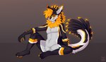 anthro black_body feathers fur gold_markings looking_at_viewer male markings sitting solo white_body white_fur yellow_body yellow_eyes yellow_fur jinxit ascended_xevian xevian_(xevianlight) rexouium absurd_res hi_res