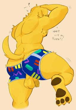 anthro athletic athletic_anthro athletic_male backsack ball_slip balls balls_through_underwear biped boy_shorts butt clothed clothing confusion dialogue flaccid fur genitals glans hand_on_head humanoid_genitalia humanoid_penis ineffective_clothing low-angle_view male nipples pawpads penis penis_through_underwear perineum rear_view saggy_balls short_tail simple_background solo tail talking_to_self tan_background text topless topless_anthro topless_male underwear underwear_only yellow_body yellow_fur kodaarf_(artist) bojack_horseman netflix mr._peanutbutter bird_dog canid canine canis domestic_dog hunting_dog labrador mammal retriever english_text hi_res