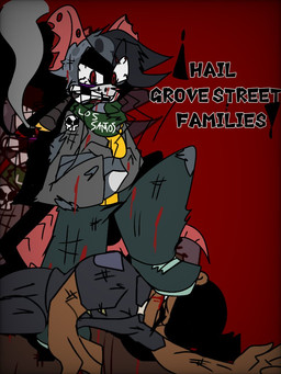anthro blood bodily_fluids bottomwear brown_body brown_skin cigarette cigarette_in_mouth clothing duo grey_body male notched_ear object_in_mouth pants police red_eyes scarf wannapossums grand_theft_auto rockstar_games rutfer_j._randtex human mammal murid murine rat rodent 3:4
