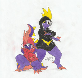 anthro bottomless claw_fingers claw_toes claws clothed clothing crouching digitigrade duo eyes_closed featureless_crotch female hair hoodie hoodie_only mohawk noseless palmorph purple_body simple_background sparkles standing topwear topwear_only white_background white_hair yellow_sclera fensketch foxydraws palworld pocketpair leezpunk pal_(species) scalie 2024 hi_res traditional_media_(artwork)