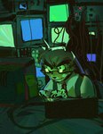 anthro antlers claws collared_shirt computer concentration detailed_background electronics eyewear glasses green_lighting horn inside male monitor necktie paws rectangular_glasses solo straps technology typing wire crickitt jackalope lagomorph mammal digital_media_(artwork)