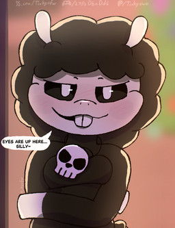 anthro bedroom_eyes black_body black_eyes black_fur blush blush_lines bone breasts christmas_tree crossed_arms ears_up female fluffy fluffy_chest fur holidays jewelry looking_at_viewer narrowed_eyes necklace plant seductive skull skull_accessory smile smiling_at_viewer smirk smirking_at_viewer solo speech_bubble tail talking_to_viewer text tree white_body white_fur wool_(fur) wool_hair tinky christmas mob_entertainment nightmare_critters poppy_playtime baba_chops_(poppy_playtime) bovid caprine mammal sheep hi_res url