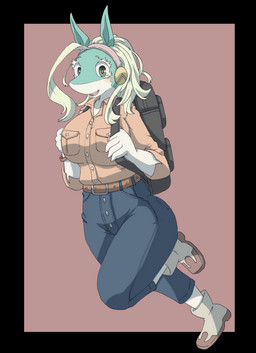 accessory anthro arms_bent backpack belt bent_leg big_breasts biped black_border black_bottomwear black_clothing black_pants blonde_eyebrows blonde_eyelashes blonde_hair blush border bottomwear bracelet breasts clothed clothed_anthro clothed_female clothing collared_shirt dress_shirt eyebrows eyelashes female female_anthro footwear fully_clothed fully_clothed_anthro fully_clothed_female glistening glistening_eyes green_eyes hair hair_accessory hairband head_accessory jewelry looking_at_viewer multicolored_body open_mouth open_smile outside_border pants pink_hairband pupils red_clothing red_dress_shirt red_shirt red_topwear shirt shoes smile smiling_at_viewer snout solo tan_body teal_body teal_ears teeth topwear two_tone_body white_pupils white_sclera al_terf my_hero_academia ippan_josei canid canine fox mammal quirked_human_(my_hero_academia) 2023 cel_shading digital_media_(artwork) full-length_portrait hi_res portrait shaded
