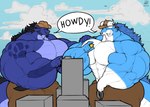anthro beard big_bulge big_muscles big_pecs black_hair blue_body blue_hair blue_horn bottomwear brown_bottomwear brown_clothing brown_hats brown_pants bulge clothing cloud countershading day duo eye_contact facial_hair furgonomics gesture hair hand_gesture hand_on_another horn huge_bulge huge_muscles hyper hyper_bulge hyper_muscles looking_at_another macro male muscular pants pecs pointing pointing_at_another sheriff_badge sky speech_bubble text white_body white_countershading white_horn marvolk european_mythology mythology dragon mythological_creature mythological_scalie scalie western_dragon 2025 english_text hi_res