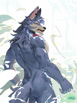 anthro athletic athletic_anthro athletic_male black_body black_ears black_fur black_hair black_nose body_hair brown_body brown_eyebrows brown_fur butt cigarette clothed clothing ear_piercing ear_ring eye_scar eyebrows facial_scar fur grey_eyes hair holding_cigarette holding_object jockstrap jockstrap_only long_hair looking_at_another looking_at_viewer male male_anthro multicolored_body multicolored_fur muscular nude open_mouth pecs piercing rear_view ring_piercing scar smoke solo teeth topless two_tone_body two_tone_fur underwear underwear_only lokey neverness_to_everness skia_(neverness_to_everness) canid canine mammal hi_res