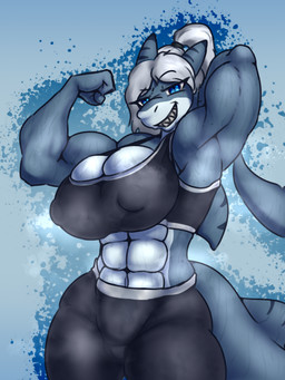 abs anthro big_breasts bodily_fluids bottomwear bra breasts camel_toe cleavage clothed clothing female flexing grin hair looking_at_viewer muscular muscular_female musk nipple_outline pants ponytail presenting_armpit sharp_teeth smile solo sports_bra sweat sweaty_armpit teeth underwear yoga_pants peachhqa aki_blythe_(zillasharkeh) aquatic fish shark 3:4 absurd_res hi_res