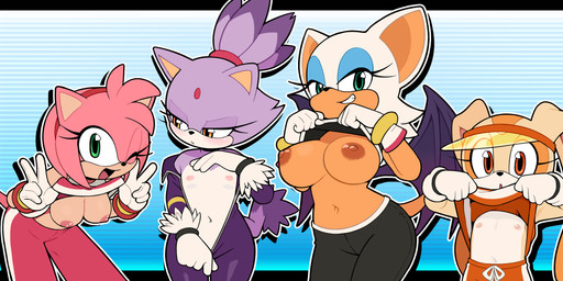age_difference anthro areola big_breasts biped bottomwear breast_size_difference breasts clothed clothing clothing_lift eyelashes female flat_chested group loli looking_at_viewer membrane_(anatomy) membranous_wings nipples pupils purple_body shirt shirt_lift smile topwear wings young young_anthro young_female gaturo sega sonic_riders sonic_the_hedgehog_(series) amy_rose blaze_the_cat cream_the_rabbit rouge_the_bat bat domestic_cat eulipotyphlan felid feline felis hedgehog lagomorph leporid mammal rabbit absurd_res hi_res