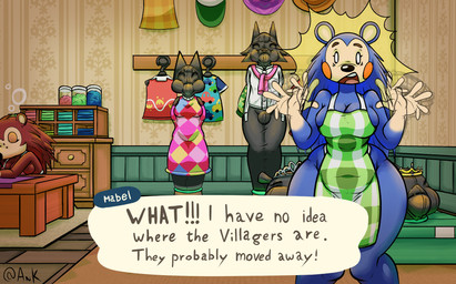 anthro apron apron_only ball_gag bdsm bondage bound breasts bulge cheek_bulge clothed clothing dialogue eyelashes female freckled_face freckles fully_clothed gag group long_eyelashes male motion_lines on_display questionable_consent restraints sleeping slightly_chubby store surprised text anon_and_knux animal_crossing nintendo chief_(animal_crossing) mabel_able rosie_(animal_crossing) sable_able canid canine canis eulipotyphlan felid feline hedgehog mammal wolf english_text hi_res