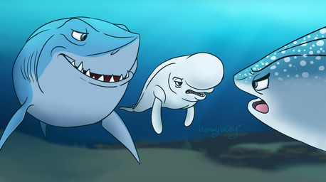 angry blue_body blue_eyes blue_fin brown_eyes female feral fin gills group male sand shark_teeth trio white_body white_fin macrolago disney finding_dory finding_nemo pixar bailey_(finding_dory) bruce_(finding_nemo) destiny_(finding_dory) aquatic beluga carpet_shark cetacean fish great_white_shark mackerel_shark mammal monodontid shark toothed_whale whale_shark white_shark 2025 hi_res watermark